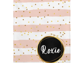 Personalized Dog Blanket, Pet Blanket, Custom Dog Blanket, Crate Blanket, Dog Throw, Cat Blanket - Pink Stripe Gold Confetti