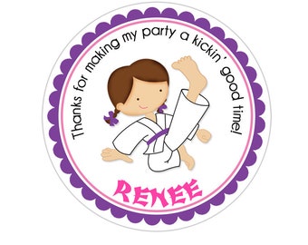 Karate Girl Stickers, Martial Arts Birthday Party, Karate Party Stickers, Personalized Customized Birthday Party Favor Thank You Stickers