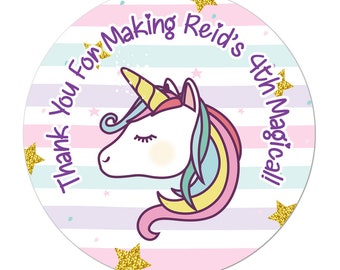 May include: Round sticker with a pink, purple, and blue striped background. The sticker features a cartoon unicorn with a rainbow mane and tail. The text "Thank You For Making Reid's 4th Magical!" is written in purple around the unicorn.