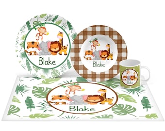 Personalized Jungle Safari Plate Set, Jungle Plate Set, Mealtime Set, Kids Personalized Plate, Bowl, Placemat, Mug - Choose your pieces