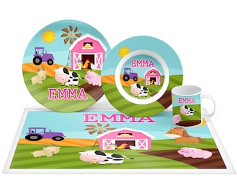Personalized Pink Farm Animals Plate Set, Farm Plate Set, Mealtime Set, Kids Personalized Plate, Bowl, Placemat, Mug - Choose your pieces