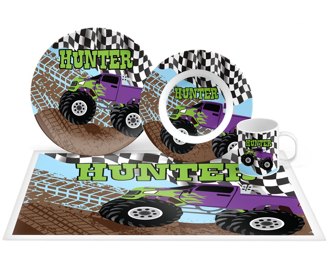 Personalized Monster Truck Plate Set, Mealtime Set, Personalized Plate