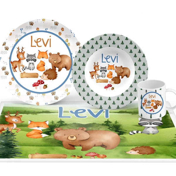 Personalized Woodland Animals Plate Set, Woodland Plate Set, Mealtime Set, Kids Personalized Plate, Bowl, Placemat, Mug - Choose your pieces