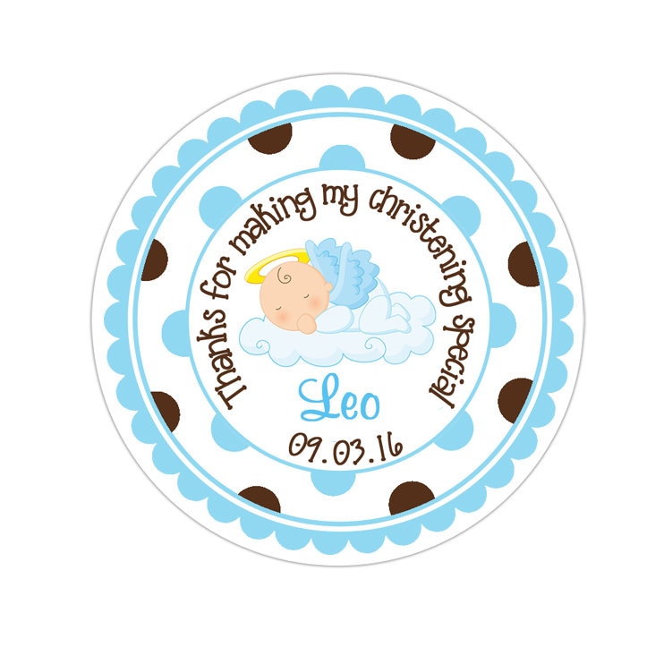 Baptism Stickers, Personalized Christening Stickers, Personalized Baptism Thank You Stickers - Angel Baby Boy - Polka Dot Border