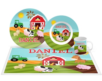 Personalized Farm Animals Plate Set, Farm Plate Set, Mealtime Set, Kids Personalized Plate, Bowl, Placemat, Mug - Choose your pieces