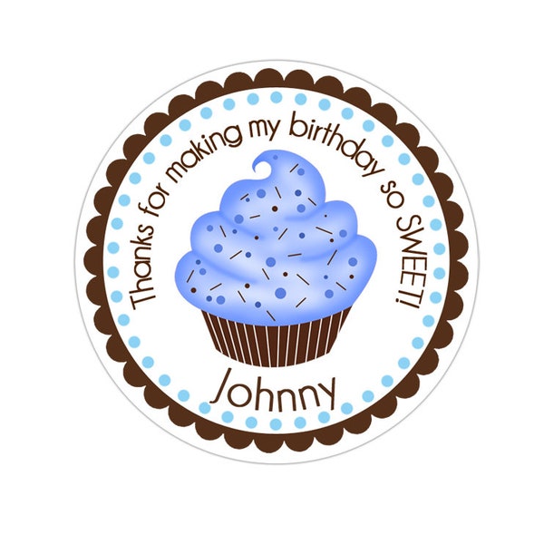 Blue and Chocolate Cupcake Stickers, Cupcake Birthday Party, Cupcake Party Stickers, Personalized Birthday Party Favor Thank You Stickers