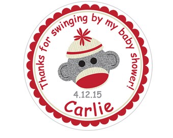 Personalized Sock Monkey Baby Shower Stickers, Sock Monkey Stickers, Baby Shower Thank You Stickers, Baby Shower Party Favor Labels