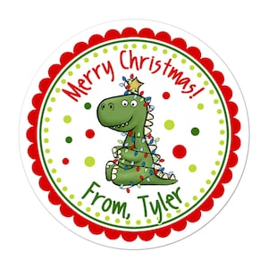 Personalized Christmas Stickers, Dinosaur Christmas Gift Stickers, Holiday Labels, Customized Christmas Favor Stickers