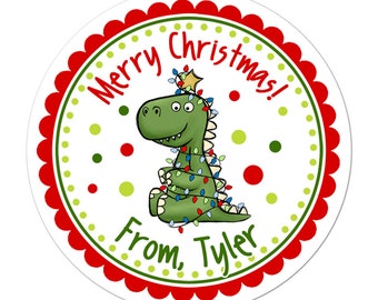 Personalized Christmas Stickers, Dinosaur Christmas Gift Stickers, Holiday Labels, Customized Christmas Favor Stickers