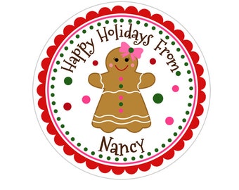 Personalized Christmas Stickers, Gingerbread Girl Christmas Gift Stickers, Holiday Labels, Customized Christmas Favor Stickers