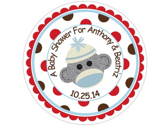 Personalized Blue and Gray Sock Monkey Polka Dot Stickers, Sock Monkey Birthday Party Stickers, Personalized Birthday Thank You Stickers