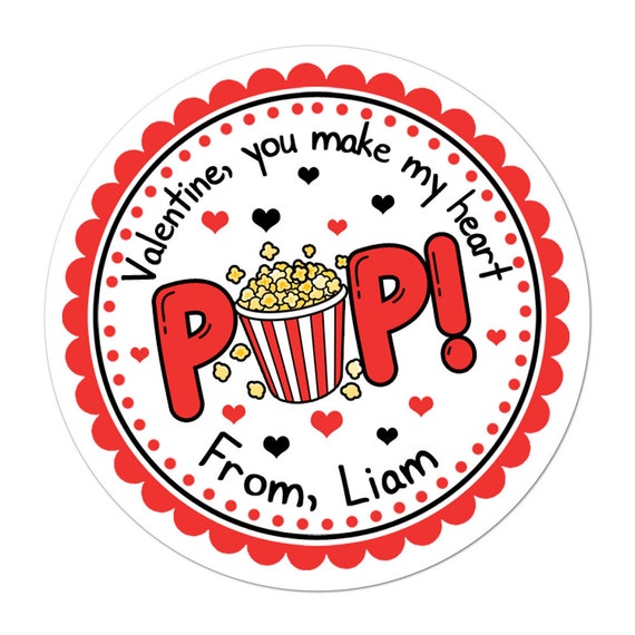 Valentines Day Stickers, Personalized Popcorn Valentines Stickers,  Valentine Labels, Valentines Day Favor Stickers