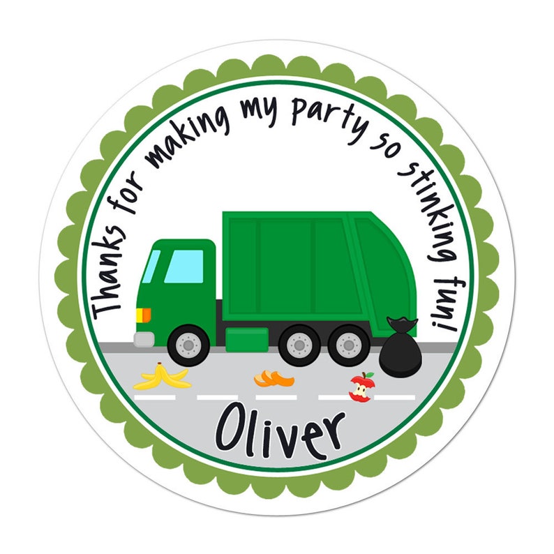 Personalized Garbage Truck Stickers - Garbage Truck Stickers, Garbage Birthday Party, Garbage Truck Party Favor Thank You Stickers image 1