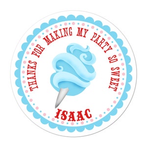 Blue Cotton Candy Stickers, Circus Birthday Party, Carnival Party Stickers, Personalized Customized Birthday Party Favor Thank You Stickers