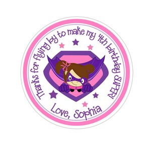 Pink and Purple Superhero Girl Stickers, Superhero Birthday Party, Superhero Party, Personalized Birthday Party Favor Thank You Stickers