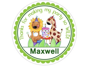 May include: Green and white round sticker with a lion and giraffe wearing party hats. The sticker says "Thanks for making my party so WILD! Maxwell"