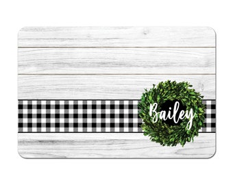 Personalized Pet Food Placemat, Pet Food Mat, Pet Bowl Mat, Dog Placemat, Cat Placemat - Farmhouse Buffalo Plaid Wreath