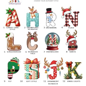 May include: A collection of Christmas-themed alphabet letters, each with a unique design. Styles include candy cane, snowflake reindeer, snowman, plaid, gingerbread, reindeer face, snowglobe, Santa, elf, gift style, ornament reindeer, and Xmas lights.