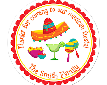 Mexican Fiesta Stickers, Mexican Birthday Party, Fiesta Party Stickers, Personalized Customized Birthday Party Favor Thank You Stickers