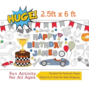 Personalized Race Car Coloring Page, Racing Car Birthday Banner, Coloring Table Runner, Birthday Party Activity - 30" x 72" Inches