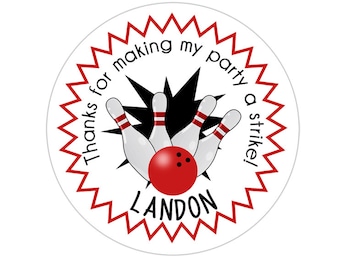 May include: Red, white, and black bowling themed thank you sticker with the text "Thanks for making my party a strike! LANDON".