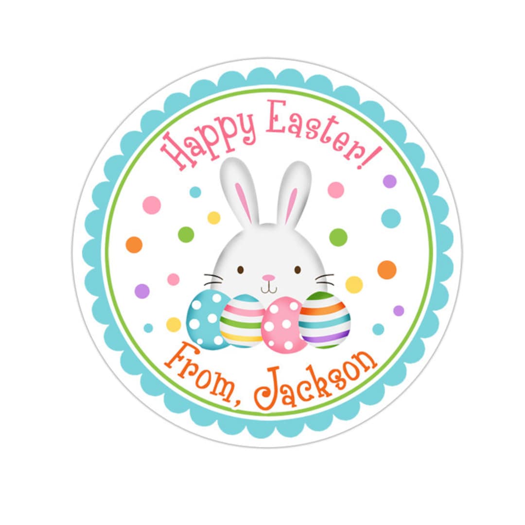 Happy Easter Stickers, Personalized Easter Bunny With Eggs Blue Border