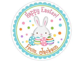 Happy Easter Stickers, Personalized Easter Bunny With Eggs Blue Border Easter Stickers, Easter Labels, Easter Favor Stickers