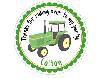 May include: Green and yellow tractor party favor sticker with the text "Thanks for riding over to my party!" and the name "Colton" in orange.