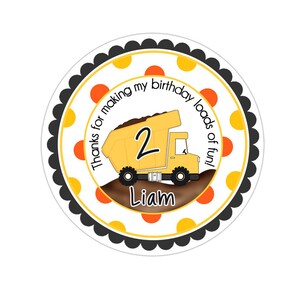 Personalized Construction Dump Truck Polka Dot Stickers, Construction Birthday Party, Dump Truck Party Stickers, Party Favor Stickers