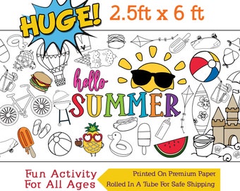 Summer Coloring Page, Summer Poster, Summer Coloring Table Runner, Summer Activity - 30" x 72" Inches