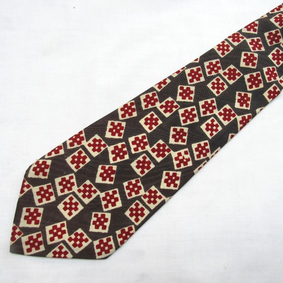 Vintage 1950s Men's Necktie red gray geometric Re… - image 1