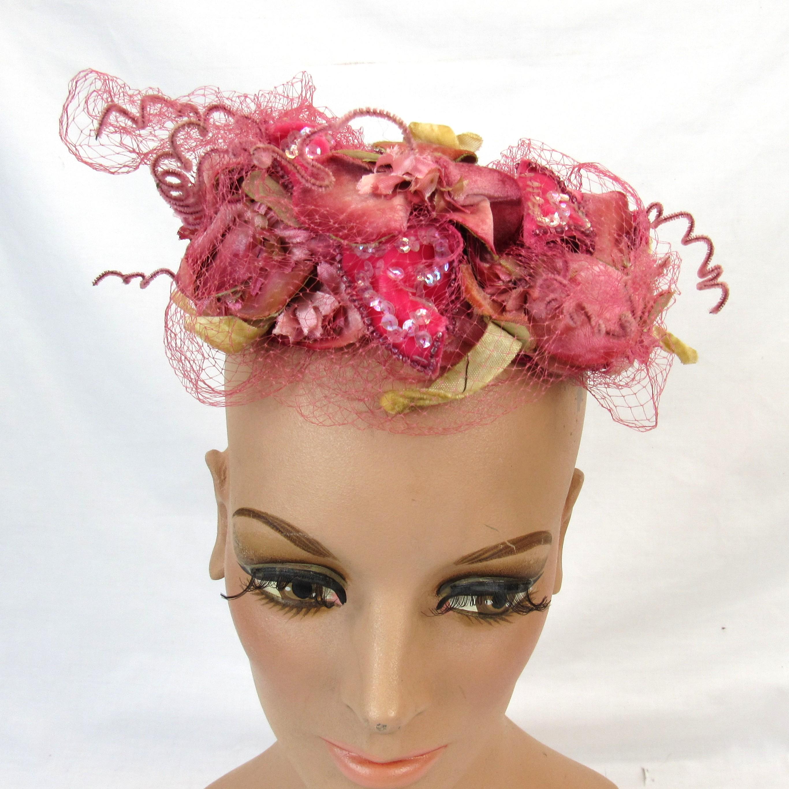 Vintage 1960s Pink Floral Roses Church Easter Pillbox Style Hat. Vintage Floral Pillbox Hat With Veil, Vintage Hat, 1950s-60s  main image 4