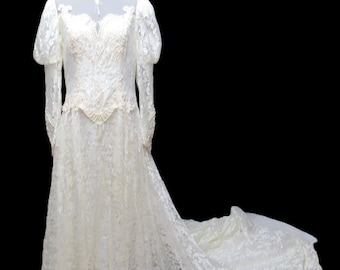Vestido de novia vintage con lentejuelas blancas y apliques marfil, vestido modesto con cola