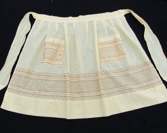 Hand embroidered yellow Gingham Apron vintage 1950s 1960s check cotton half apron