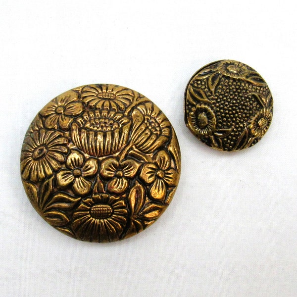 Large Vintage Button metal flower buttons 1 1/2" and 15/16" brass