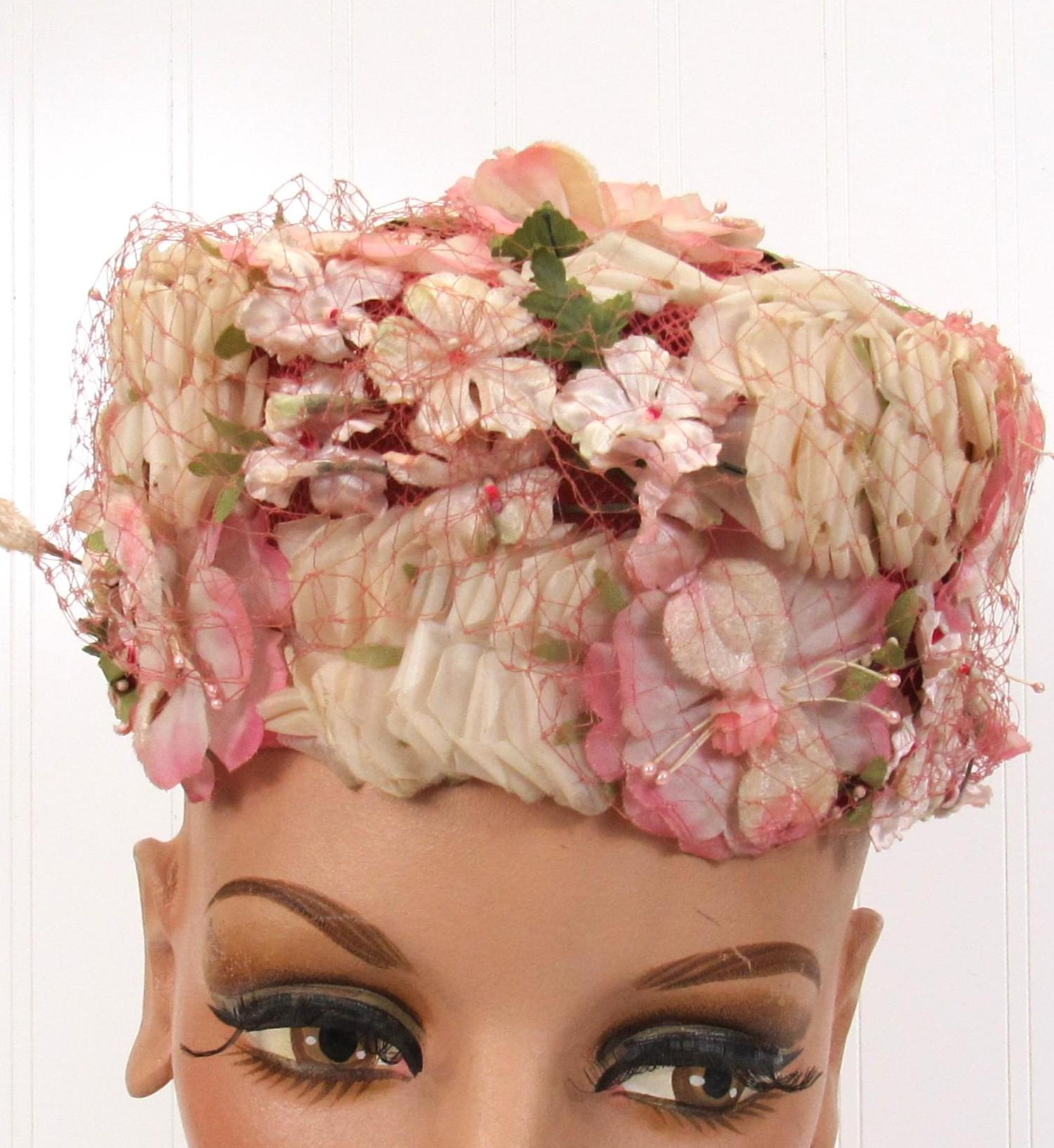 Vintage Pink Floral Pillbox Hat Mid Century Silk Flower Fascinator Wedding Hat Pink Pillbox Hat with Birdcage Veil and Silk Flowers - CASSANDRA main image 4