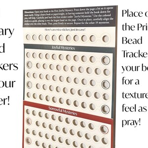 May include: A set of two white cards with black circles printed on them. The cards are labeled "Joyful Mysteries" and "Sorrowful Mysteries". The cards are designed to be used with a rosary book to track prayers.