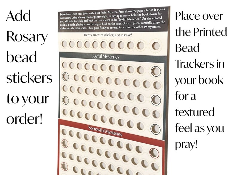 May include: A set of two white cards with black circles printed on them. The cards are labeled "Joyful Mysteries" and "Sorrowful Mysteries". The cards are designed to be used with a rosary book to track prayers.