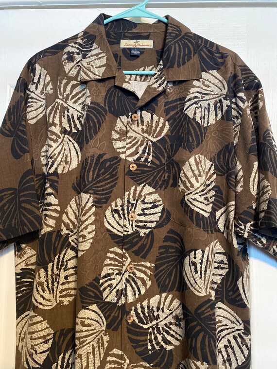 Vtg Tommy Bahama Palm Leaf Brown Print Silk Hawai… - image 1