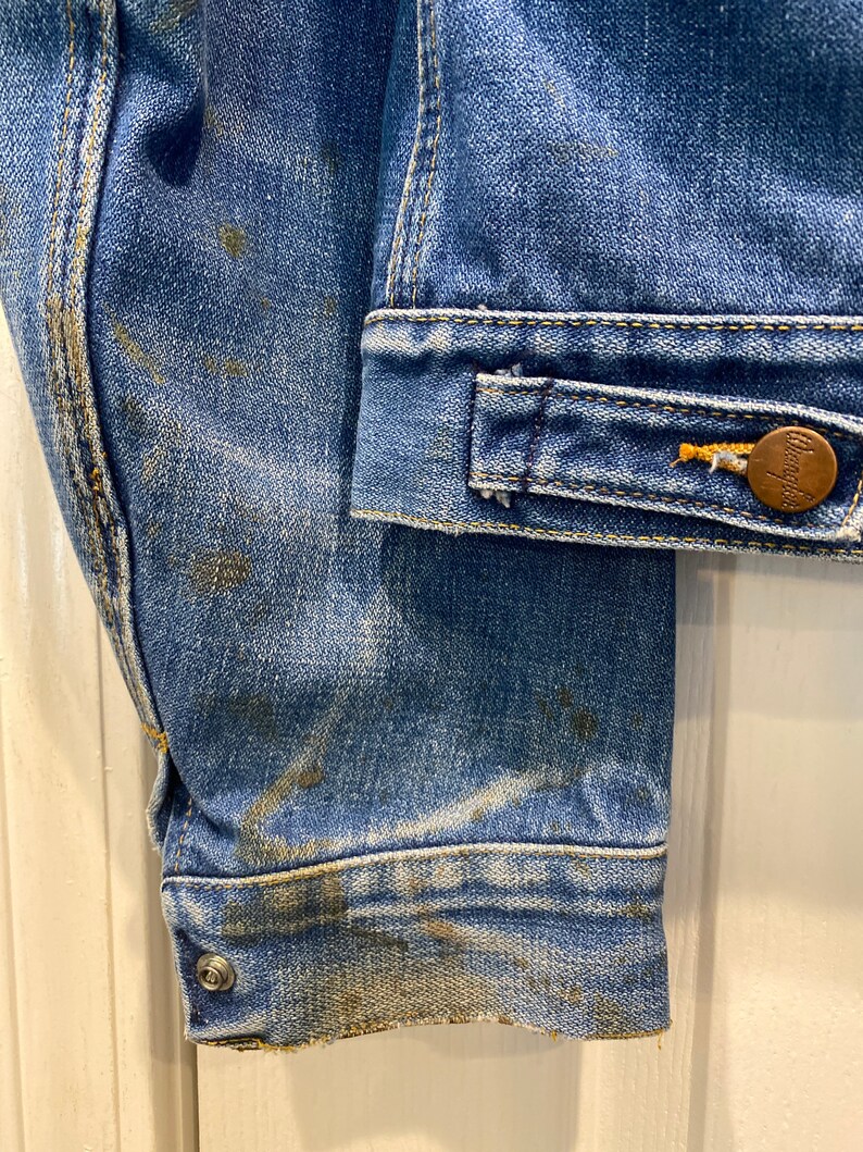 Vtg 70\u2019s Denim Jacket Wrangler No Fault Sanfor Set Western Distressed Sz L Free Shipping USA.