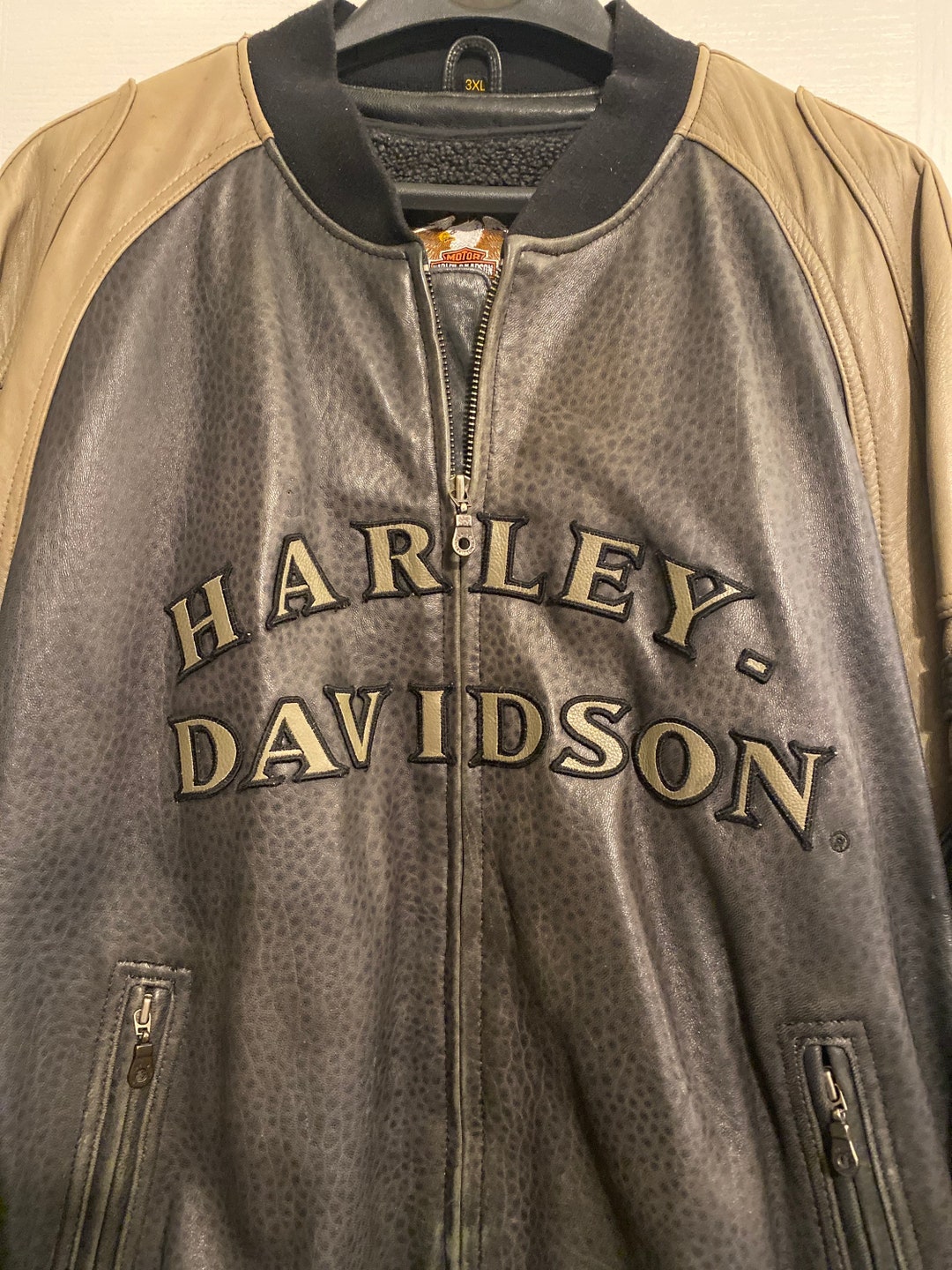 Harley Davidson Leather Jacket Size 3XL Tan Black Bomber - Etsy
