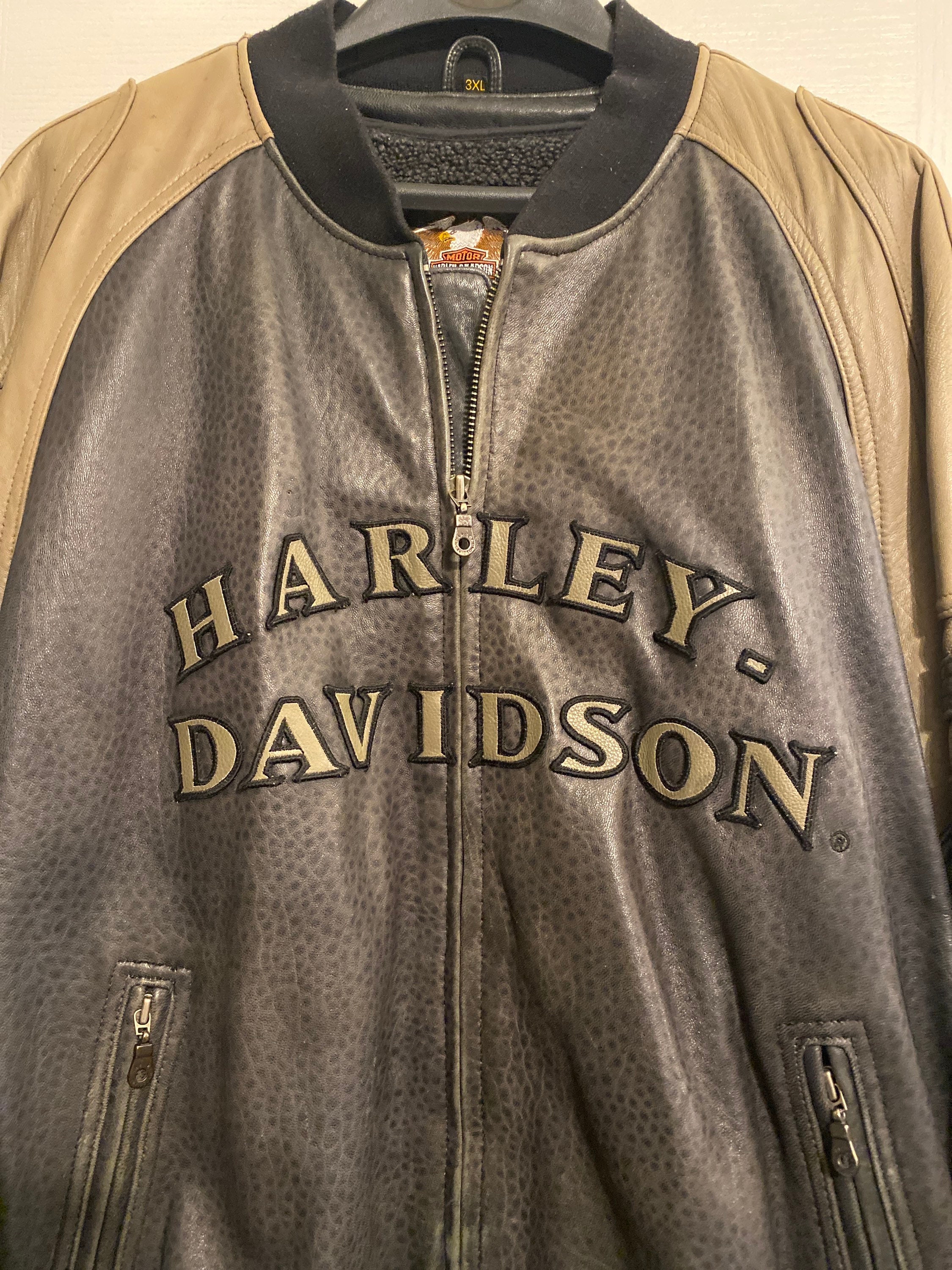 Harley Davidson Leather Jacket Size 3XL Tan Black Bomber Varsity 2001 Very Rare Free Shipping USA