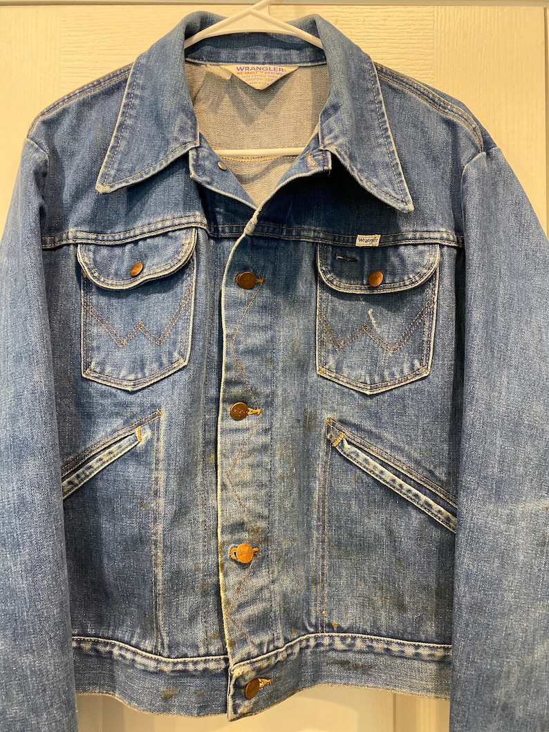 Vtg 70\u2019s Denim Jacket Wrangler No Fault Sanfor Set Western Distressed Sz L Free Shipping USA.