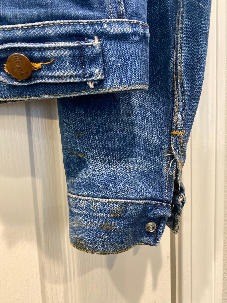 Vtg 70\u2019s Denim Jacket Wrangler No Fault Sanfor Set Western Distressed Sz L Free Shipping USA.