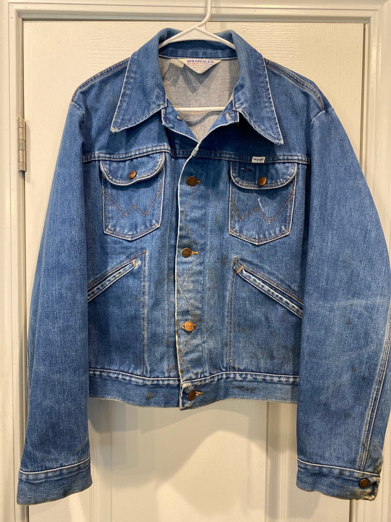 Vtg 70\u2019s Denim Jacket Wrangler No Fault Sanfor Set Western Distressed Sz L Free Shipping USA.