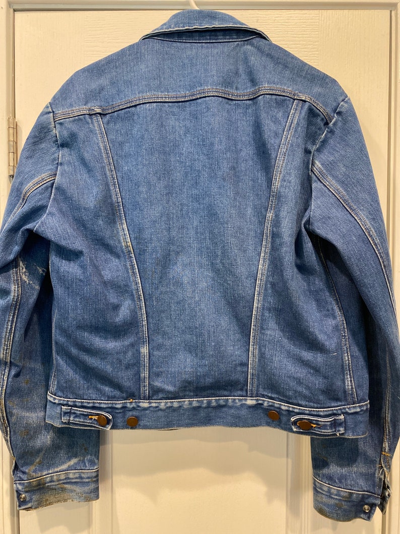 Vtg 70\u2019s Denim Jacket Wrangler No Fault Sanfor Set Western Distressed Sz L Free Shipping USA.