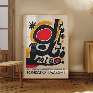 Arte mural rojo y amarillo – Fundación Miró Maeght, década de 1960 – Pinturas famosas de Miró – Litografía original – Surrealista – Arte mural español – Póster de museo