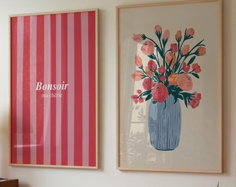 Trendy Wall Art Set of 2 Prints, French Print Bonsoir, Flowers Preppy Poster Set, Pink Blue Poster, Girly Home Decor, Printable Poster Set