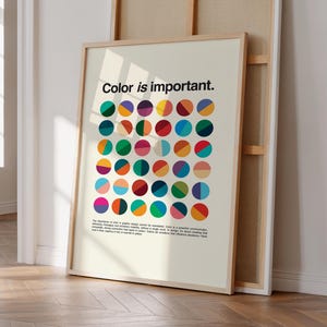 May include: A framed wall art print featuring the text "Color is important." above a grid of thirty-five circles, each divided into two distinct colors. Below the grid, smaller text provides a paragraph about the role of color in graphic design.