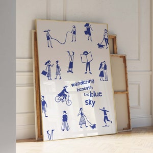 Blaues Poster - Handgezeichnete Skizze - Trendy Blue Print Ästhetische Wanddekoration - Blauer Wanddruck - Gedrucktes Poster - Ausstellung Vintage Retro